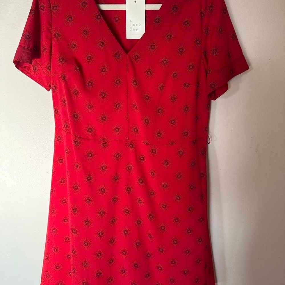 'A new day Red dress with black starburst pattern, size M